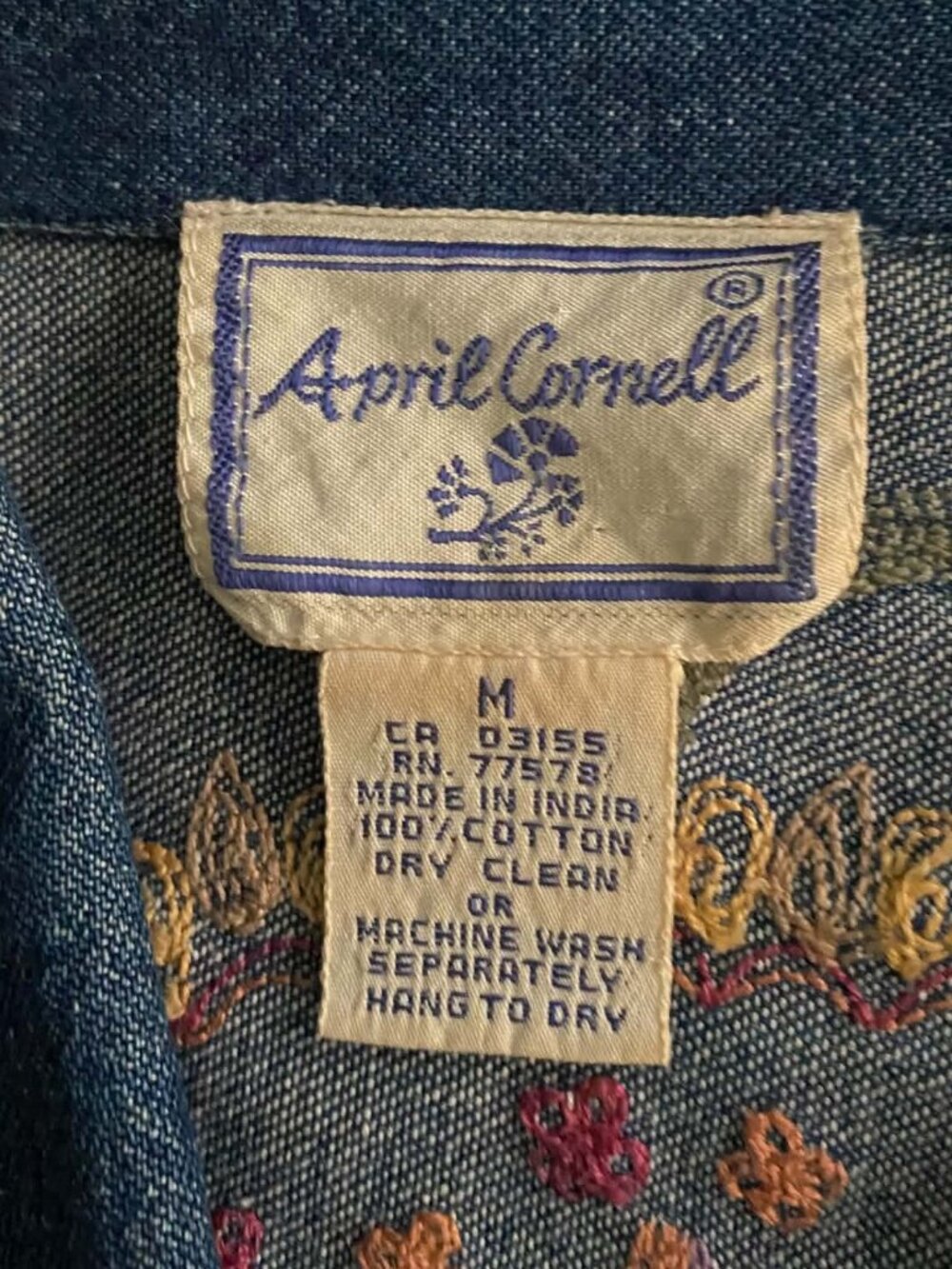 April Cornell Embroidered Denim Jacket Women's M Floral Boho 100% Cotton - Picture 4 of 7